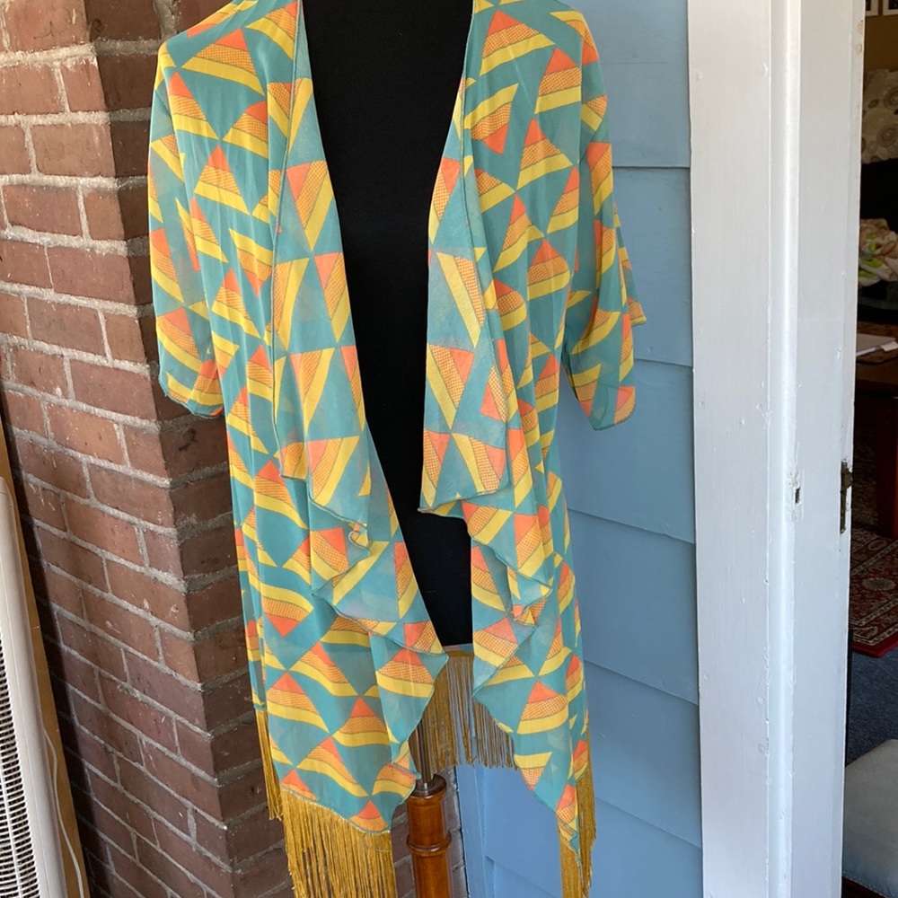 Small LuLaRoe light teal kimono with yellow gold fringe